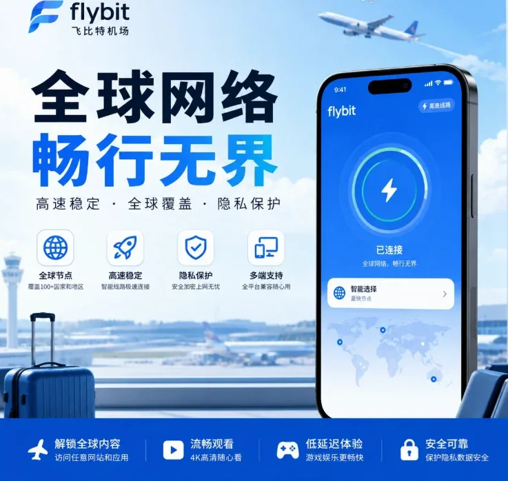 FlyBit 机场品牌主视觉:以机场航站楼比喻线路节点,与同名的数字资产交易平台无关